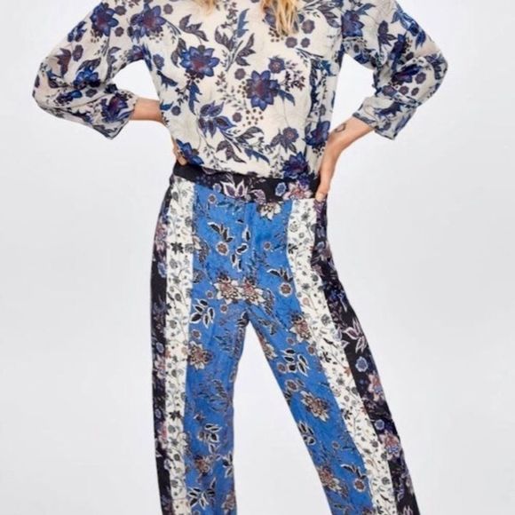 Zara Patchwork Wide Leg Pants with Elastic Waistband - Picture 2 of 10